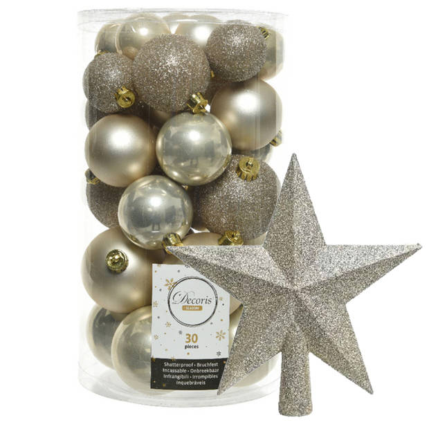 Decoris kerstballen 30x stuks - licht champagne 4/5/6 cm kunststof mat/glans/glitter mix en piek - Kerstbal