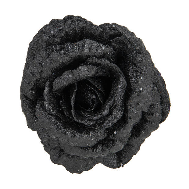 4x stuks decoratie bloemen roos zwart glitter op clip 15 cm - Kunstbloemen