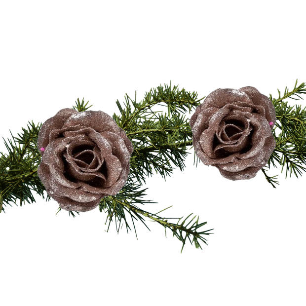 2x stuks kerstboom bloemen/rozen op clip oudroze glitters 7 cm - Kersthangers