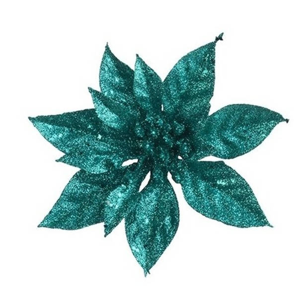 2x stuks kerstboom bloemen op clip emerald groen glitter 15 cm - Kersthangers