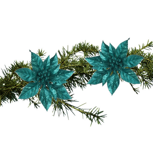 2x stuks kerstboom bloemen op clip emerald groen glitter 15 cm - Kersthangers