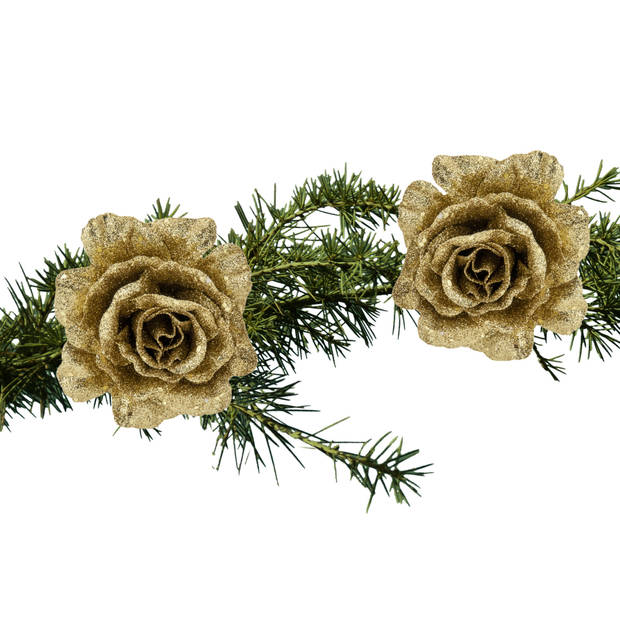 2x stuks kerstboom bloemen roos goud glitter op clip 10 cm - Kersthangers