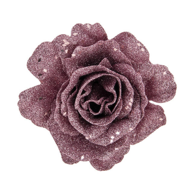 2x stuks decoratie bloemen roos roze glitter op clip 10 cm - Kunstbloemen