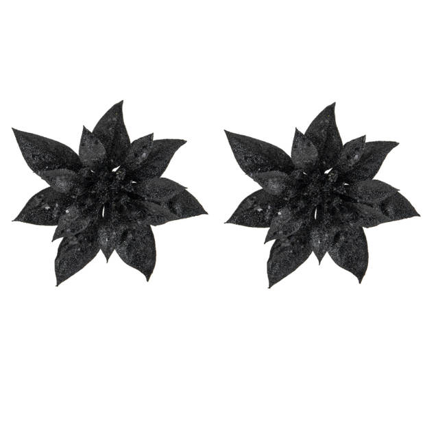 2x stuks kerstboom bloemen kerstster zwart glitter op clip 15 cm - Kersthangers