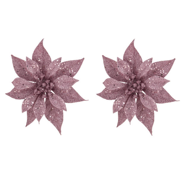 2x stuks kerstboom decoratie bloemen roze glitter op clip 18 cm - Kersthangers