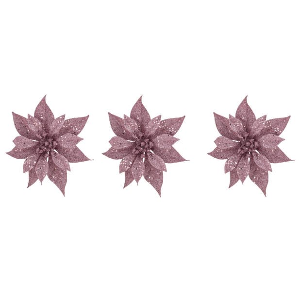 2x stuks kerstboom decoratie bloemen roze glitter op clip 18 cm - Kersthangers
