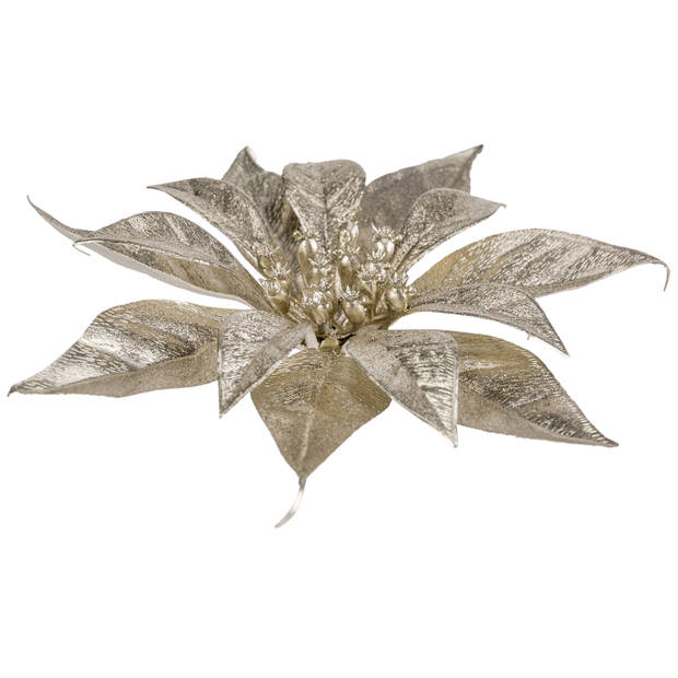 3x stuks decoratie bloemen kerstster champagne glitter op clip 18 cm - Kunstbloemen