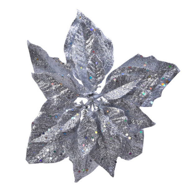 3x stuks decoratie bloemen kerstster zilver glitter op clip 23 cm - Kunstbloemen