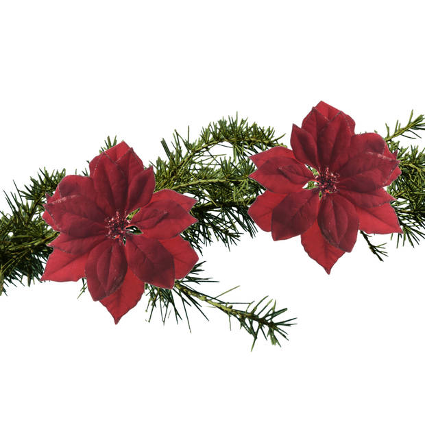 2x stuks kerstboom decoratie bloemen rood glitter op clip 24 cm - Kersthangers
