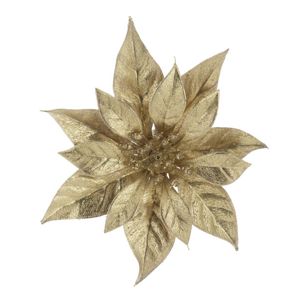 3x stuks decoratie bloemen kerstster goud glitter op clip 18 cm - Kunstbloemen