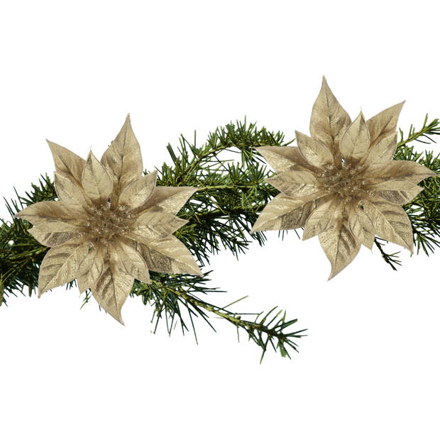 2x stuks kerstboom decoratie bloemen kerstster goud glitter op clip 18 cm - Kersthangers