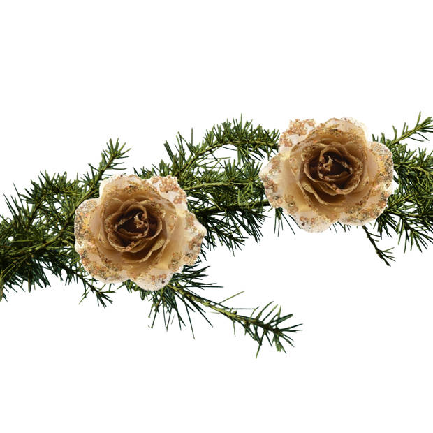 2x stuks kerstboom bloemen op clip goud glitter 14 cm - Kersthangers