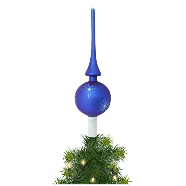 Kerst piek van glas mat blauw gedecoreerd H28 cm - kerstboompieken
