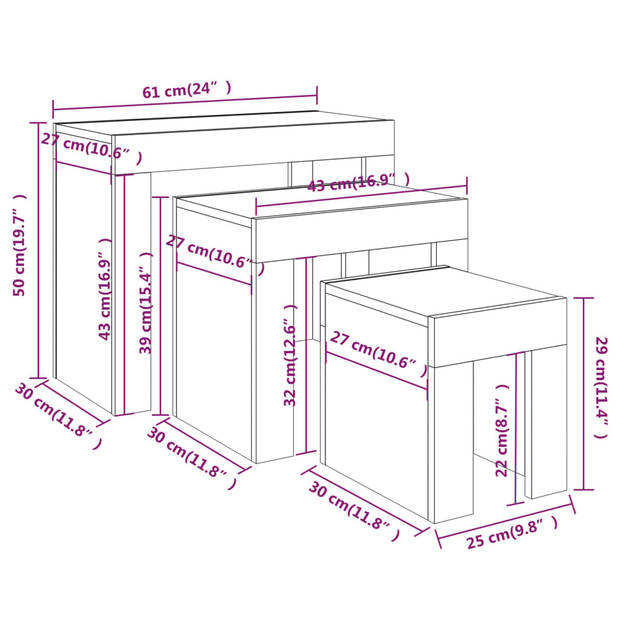 The Living Store Tafeltjesset Bruineiken - 61x30x50 cm - 43x30x39 cm - 25x30x29 cm