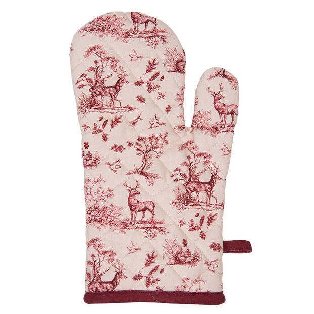 Clayre & Eef Ovenwant 18x30 cm Wit Roze Katoen Rendier Ovenhandschoen Wit Ovenhandschoen