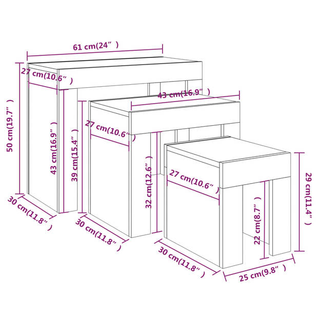 The Living Store Tafeltjesset - Grijs Sonoma Eiken - 61 x 30 x 50 cm - Bewerkt Hout