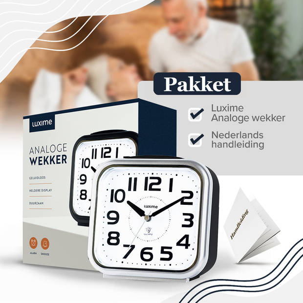 Luxime® - Wekker Analoog Zonder Tikgeluid - Analoge Wekker - Senioren - Met Alarm - Zilver