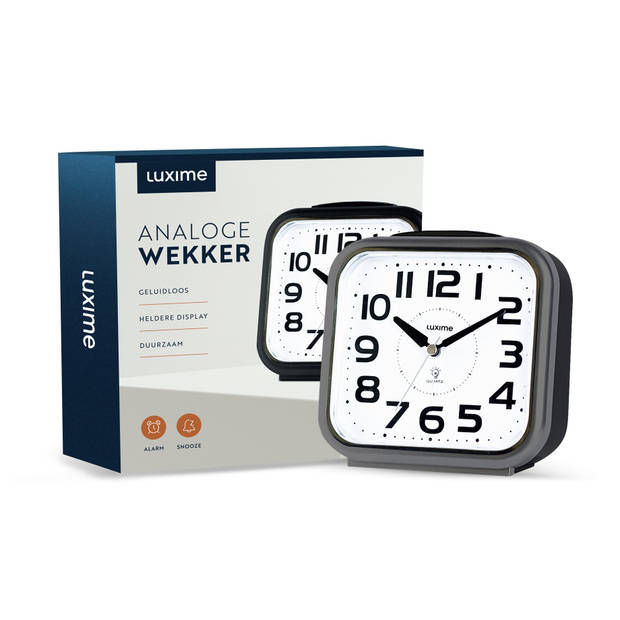 Luxime® - Wekker Analoog zonder Tikgeluid - Analoge Wekker - Senioren - Met Alarm - Grijs