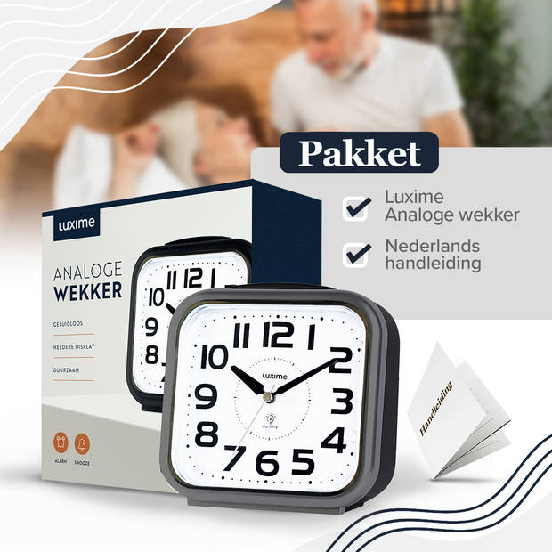 Luxime® - Wekker Analoog zonder Tikgeluid - Analoge Wekker - Senioren - Met Alarm - Grijs