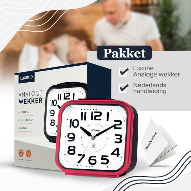Luxime® - Wekker Analoog Zonder Tikgeluid - Analoge Wekker - Senioren - Met Alarm - Rood