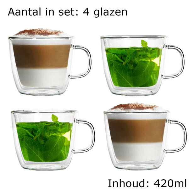 Luxe Latte Macchiato Glazen Dubbelwandig - Koffieglazen - Cappuccino Glazen - Theeglas 420 ML - Met oor- Set van 2