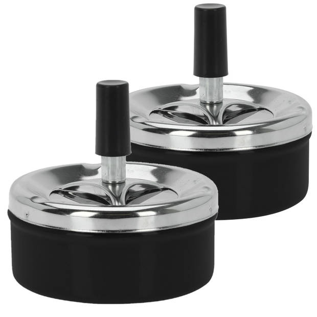 Set van 2x stuks druk en draai tafel asbak metaal zwart/chrome 9 x 5 cm - Asbakken