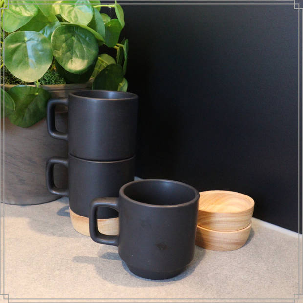OTIX Espresso Kopjes - Zwart - Set van 6 - 120ml - met Bamboe Onderzetter - Met oor - Koffiekopjes