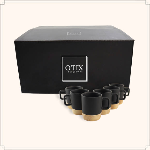 OTIX Espresso Kopjes - Zwart - Koffiekopjes - Set van 6 - 120ml - met Bamboe Onderzetter - Met oor - Koffiekopjes