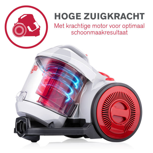 Dirt Devil Stofzuiger zonder Zak - DD2503 - 800W - HEPA 12 Filter - Bereik van 7,5M - 4,3KG - Grijs/Rood