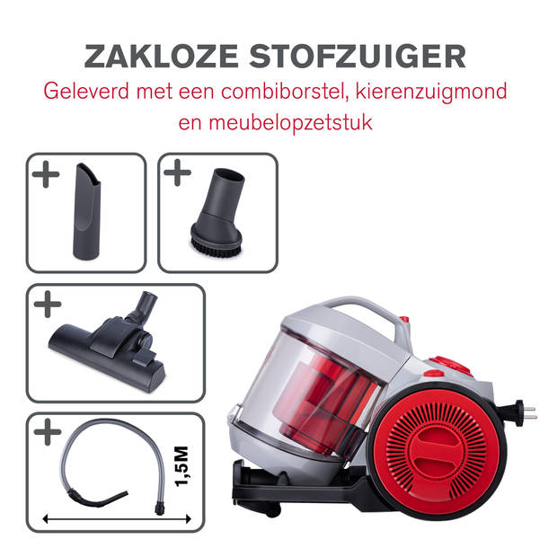 Dirt Devil Stofzuiger zonder Zak - DD2503 - 800W - HEPA 12 Filter - Bereik van 7,5M - 4,3KG - Grijs/Rood