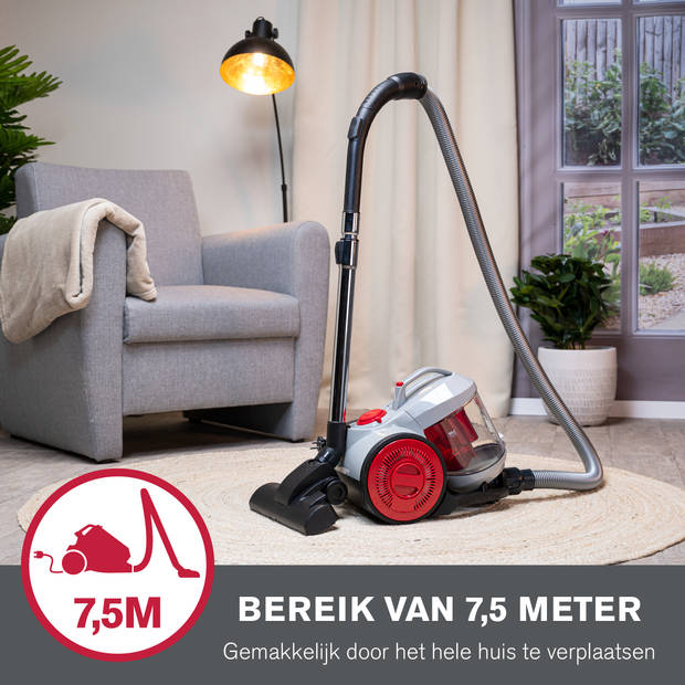 Dirt Devil Stofzuiger zonder Zak - DD2503 - 800W - HEPA 12 Filter - Bereik van 7,5M - 4,3KG - Grijs/Rood