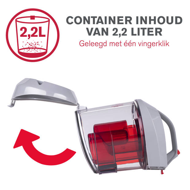 Dirt Devil Stofzuiger zonder Zak - DD2503 - 800W - HEPA 12 Filter - Bereik van 7,5M - 4,3KG - Grijs/Rood