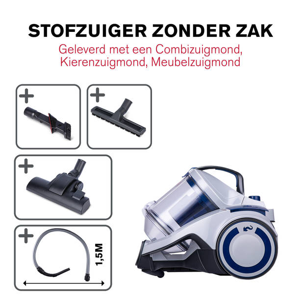 Dirt Devil Stofzuiger zonder Zak - DD2504 - 700W - HEPA 12 Filter - Bereik van 9M - 4,9KG - Wit