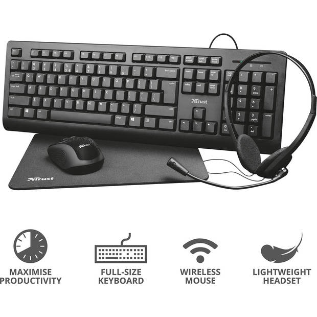 Trust Primo 4-in-1 Home Office Set met headset, toetsenbord (qwerty), muis en muismat