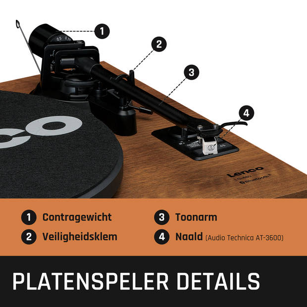 Platenspeler met ingebouwde versterker en Bluetooth® plus 2 externe speakers Lenco Hout