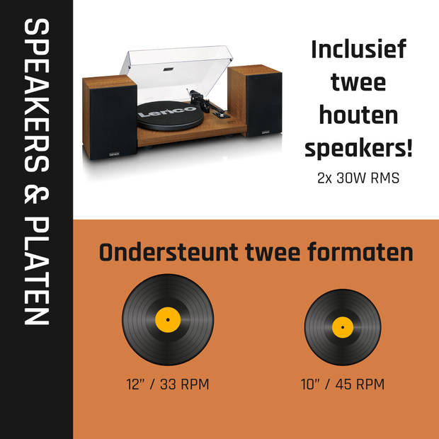 Platenspeler met ingebouwde versterker en Bluetooth® plus 2 externe speakers Lenco Hout