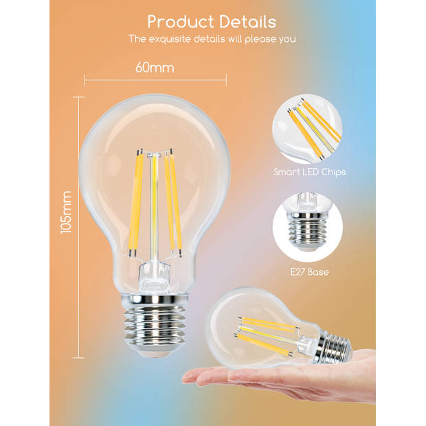 Aigostar 10YIF - Wifi Filament Lamp - Ø 6 cm - A60 E27 - CCT - Dimbaar - Smart Led Lichtbron- 6W