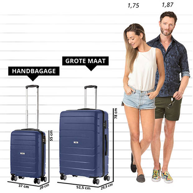 TravelZ Big Bars Kofferset 2-delig Handbagage 55cm + Grote reiskoffer 78cm Blauw