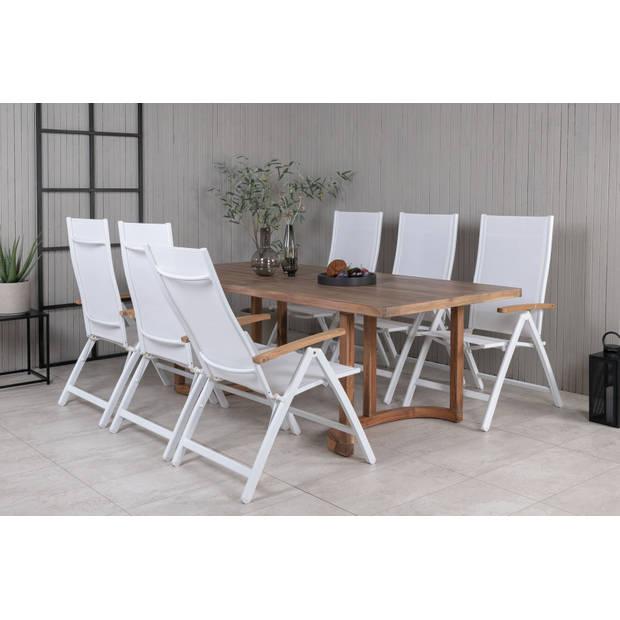 Erica tuinmeubelset tafel 100x214cm en 6 stoel L5pos Panama wit, naturel.