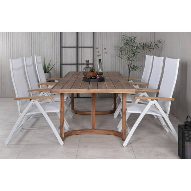 Erica tuinmeubelset tafel 100x214cm en 6 stoel L5pos Panama wit, naturel.