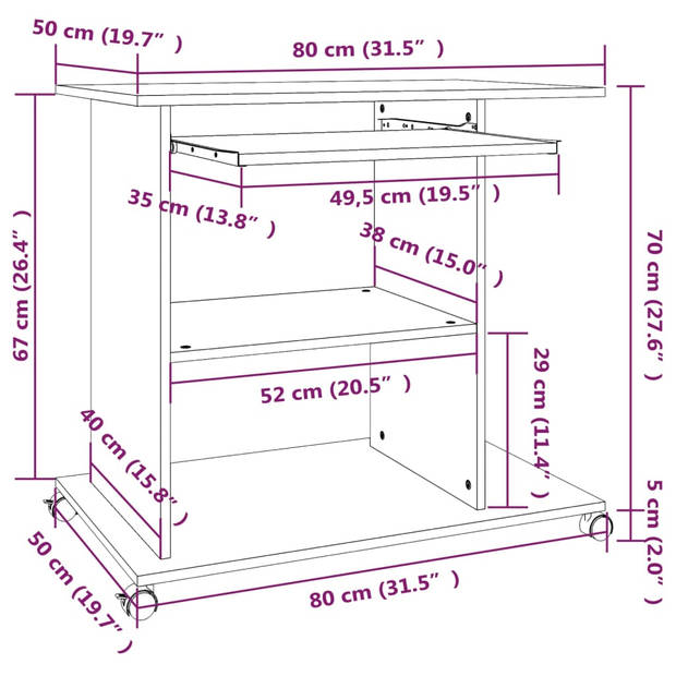 The Living Store Computerbureau - Compact - 80 x 50 x 75 cm - Grijs Sonoma eiken