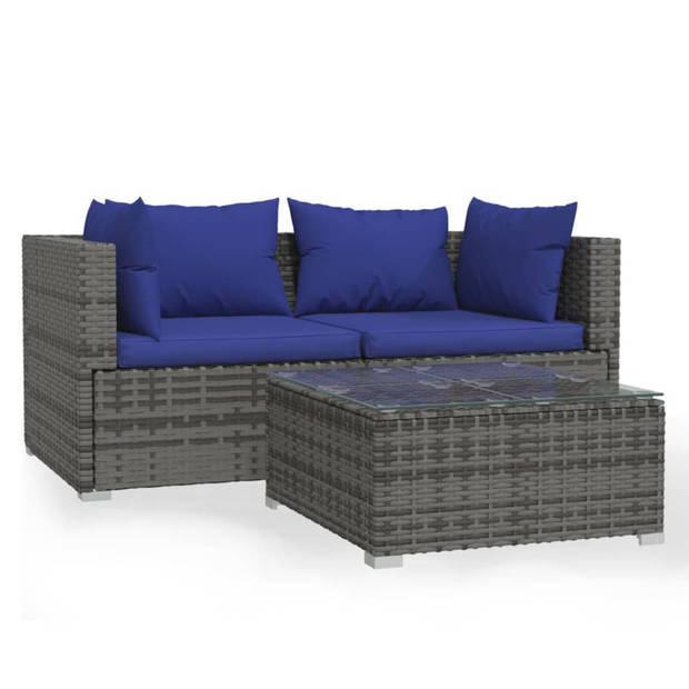 vidaXL 3-delige Loungeset met kussens poly rattan grijs