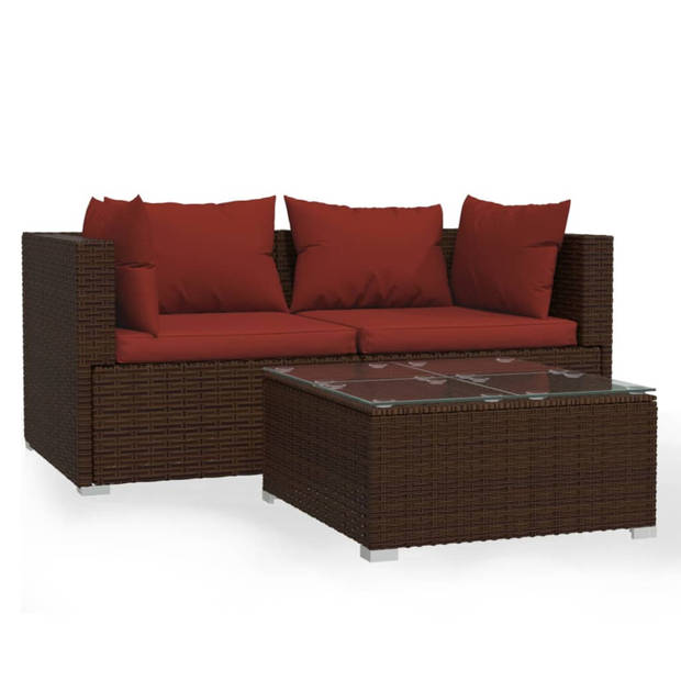 vidaXL 3-delige Loungeset met kussens poly rattan bruin