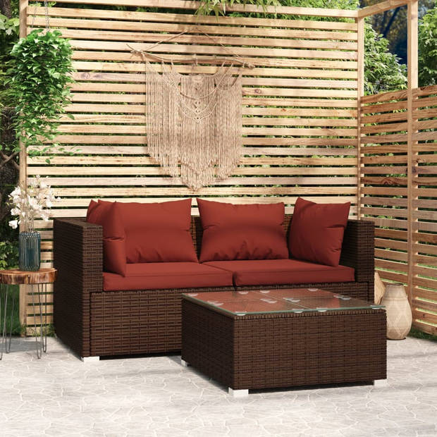 vidaXL 3-delige Loungeset met kussens poly rattan bruin