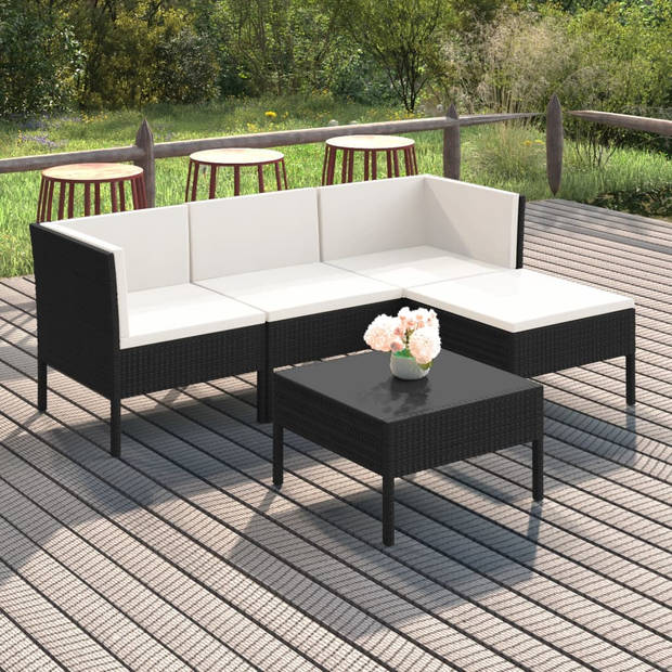 vidaXL 5-delige Loungeset met kussens poly rattan zwart