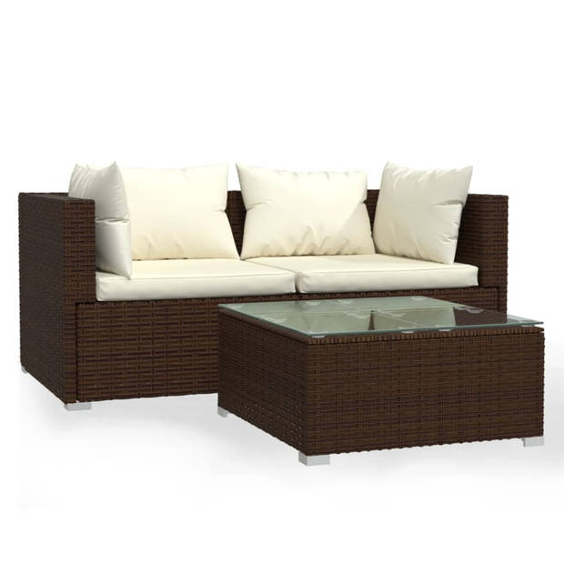 vidaXL 3-delige Loungeset met kussens poly rattan bruin