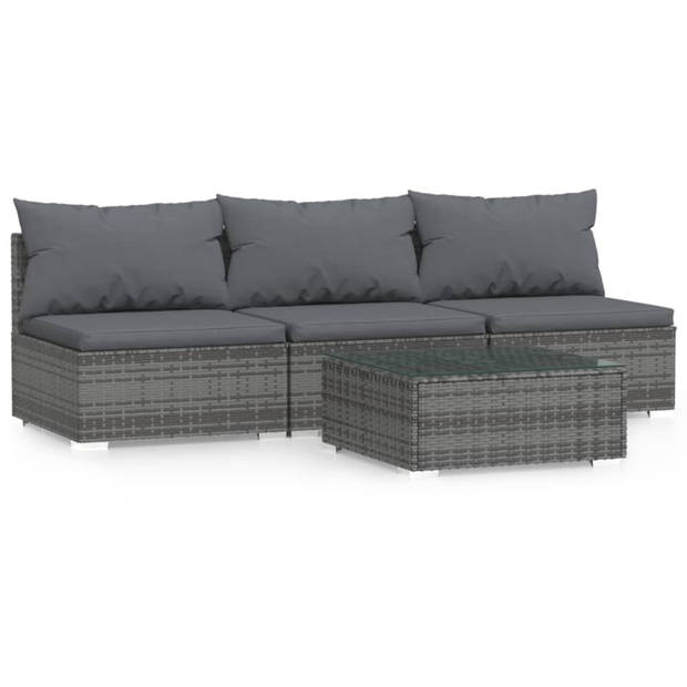 vidaXL 4-delige Loungeset met kussens poly rattan grijs