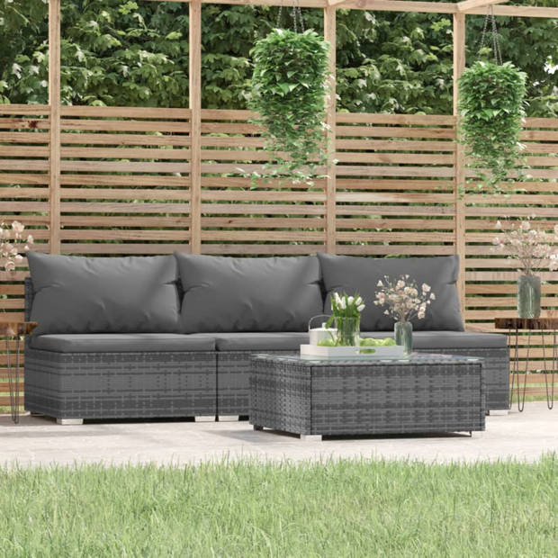 vidaXL 4-delige Loungeset met kussens poly rattan grijs