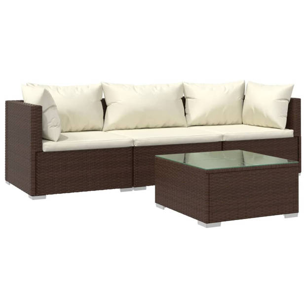 vidaXL 4-delige Loungeset met kussens poly rattan bruin