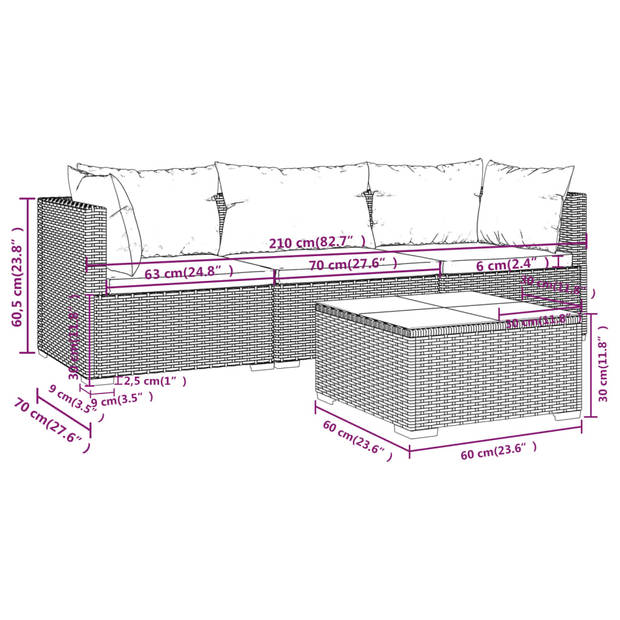 The Living Store Tuinset Modulair Grijs - Poly Rattan - 60x60x30 cm - Waterbestendig - Hoogwaardig materiaal